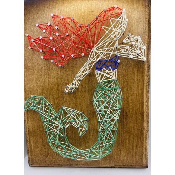 Mermaid String Art Picture On Wood Whimsical Handmade Wall Decor - Picture 1 of 5